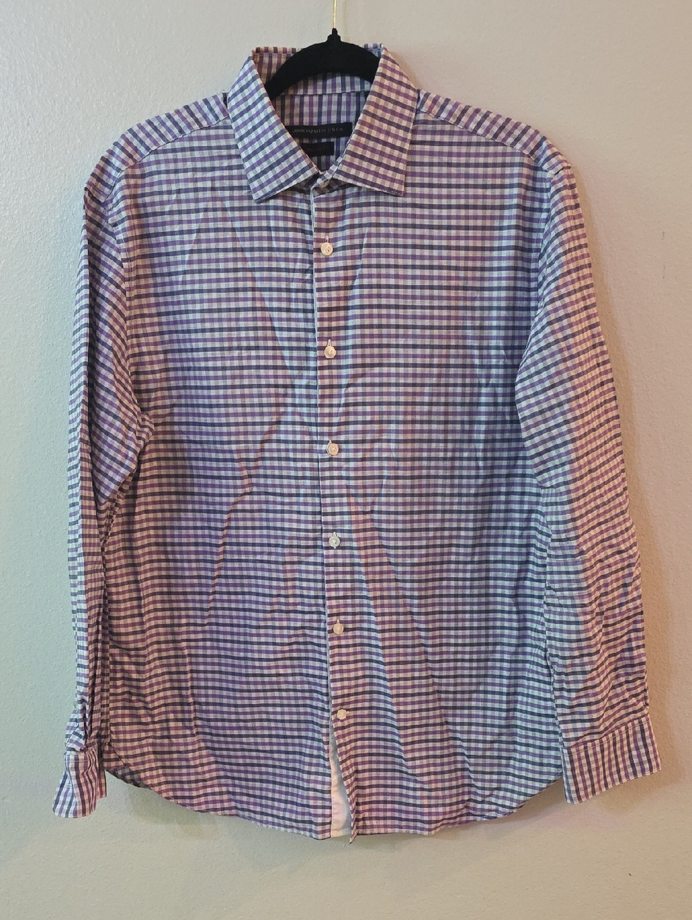 John Varvatos 15.5 32/33 Purple and White Gingham Button-Up Shirt